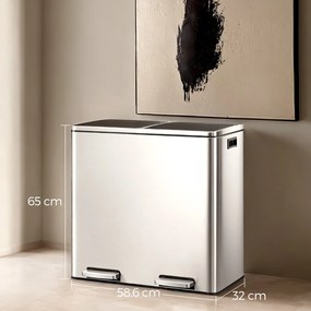 Caixote do lixo com 2 compartimentos de 60 L, 59 x 36,5 x 65,2 cm prateado + preto