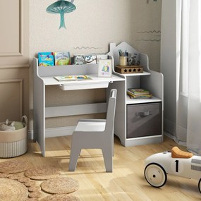 Conjunto de secretaria e cadeira de estudo para crianças com prateleiras abertas Gaveta e cesto de tecido Cinzenta