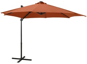 Guarda-sol jardim cantilever c/ poste/luzes LED 300cm terracota