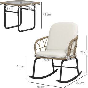 Conjunto de Móveis jardim de Vime de 3 Peças com 2 Cadeiras de Baloiço 1 Mesa de Centro e Almofadas Creme e Bege