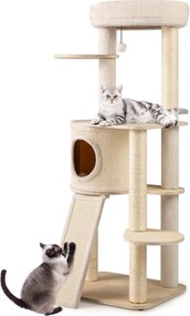 Arranhador para gatos 58 x 48 x 143 cm, com arranhadores de sisal, tapete e escada, brinquedo suspenso, almofada lavável para interior natural