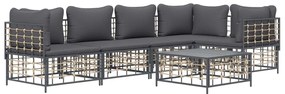 6 pcs conjunto lounge de jardim c/ almofadões vime PE antracite