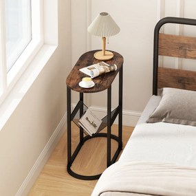 Mesa apoio, mesa de cabeçeira Estreita 60 x 28,5 x 64 cm com Suporte para Revistas Estrutura Metálica Castanho rústico