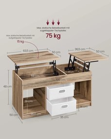 Mesa de centro 50 x 100 x 48 cm com 2 gavetas e compartimentos Castanho-branca