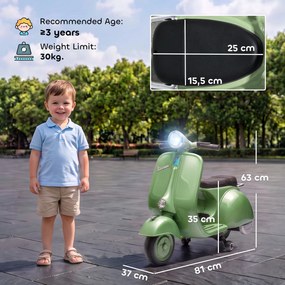 Mota Elétrica Infantil 6V Vespa com Licença Oficial, Arranque Suave, Rodinhas Desmontáveis, Luz Dianteira, Música, Buzina e USB, Verde
