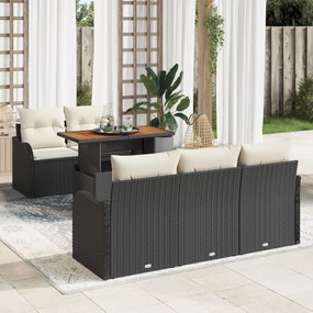 Conjunto de Sofá de Jardim 6 Peças com Almofadas Preto Rattan Poliéste