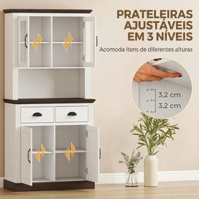Armário de Cozinha Alto com Portas de Vidro 2 Gavetas Prateleiras Ajustáveis e Nicho Aberto 80x38x170 cm Branco