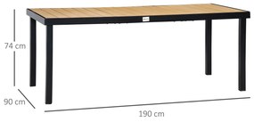 Mesa de Jardim Retangular Mesa de Exterior para 8 Pessoas com Bancada de Ripas e Estrutura de Alumínio para Terraço Balcão 190x90x74cm Natural e Preto