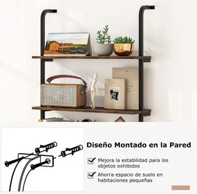 Estante de parede flutuante de 4 níveis Estante tipo escada com Moldura de metal 70 x 20,5 x 150 cm Castanho