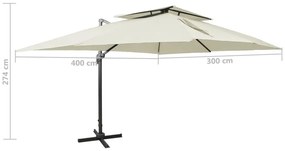 Guarda-sol de jardim cantilever c/ toldo duplo 400x300 cm areia
