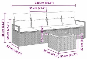 Conjunto de Sofás de Jardim 5 pcs Cinzeto Grande Ratan, Madeira