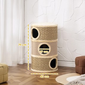 Barril para gatos arranharem - Árvore para gatos em sisal natural e algas marinhas, revestida a pelúcia - 45 x 45 x 79 cm - Cáqui e café