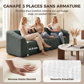 Sofá de 3 lugares em chenille, 225 (L) x 93 (P) x 68 (A) cm, sofá de sala estofado moderno com assento largo, almofada com molas, verde escuro