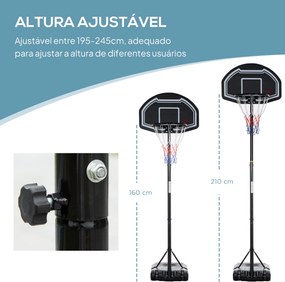 Cesto de Basquetebol para Exterior Altura Ajustável 160-210 cm com Rodas e Base Preenchível 76x48x254 cm Preto
