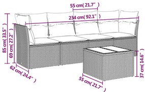 5 pcs conjunto sofás de jardim com almofadões vime PE preto