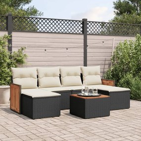 7 pcs conjunto de sofás p/ jardim c/ almofadões vime PE preto