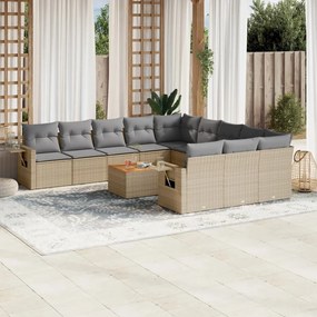 12 pcs conj. sofás jardim c/ almofadões vime PE bege misturado