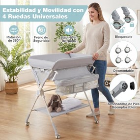 Mudador fraldas dobrável com banheira, 3 alturas ajustáveis, rodas com travão, brinquedos e espaço de arrumação, portátil para recém-nascidos, cinzent