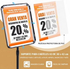Conjunto de 2 Suportes de Chão para Cartazes A3, 30 x 42 x 87-137 cm, Altura Ajustável, Preto