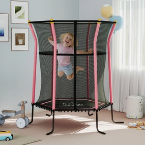 Cama elástica para crianças Ø 1,63 x 1,9 m com rede de segurança, porta com fecho de correr e 6 postes almofadados incluídos, rosa e preto