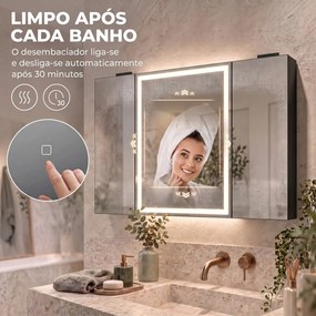 Armário de Casa de Banho com Espelho LED, Tomada, 3 Portas, Antiembaciamento e Prateleiras Ajustáveis, Preto