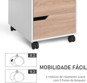 Bloco de Gavetas para Escritório Móvel de Escritório Bloco de Gavetas com 3 Gavetas e 4 Rodas 40x50x57,5 cm Madeira e Branco