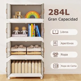 4 Caixas de armazenamento 284 L com tampa empilháveis com rodas e portas Organizador dobrável para quarto Branco