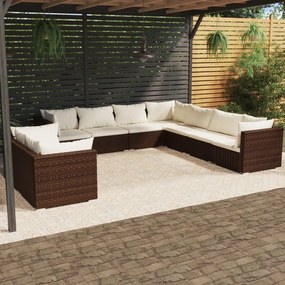vidaXL 9 pcs conjunto lounge jardim c/ almofadões vime PE castanho