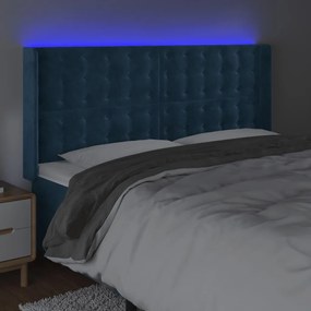 Cabeceira cama c/ luzes LED veludo 203x16x118/128cm azul-escuro