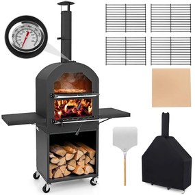 Forno para pizza para exterior com rodas Pedra para pizza Pá 2 grelhas Termómetro Prateleiras laterais para armazenamento Preto
