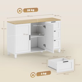 Aparador Moderno para Sala de Estar com 2 Portas e 3 Gavetas Prateleira Ajustável para Sala de Jantar Entrada 120x38x76 cm Branco