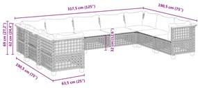 9 pcs conjunto sofás p/ jardim com almofadões vime PE cinzento