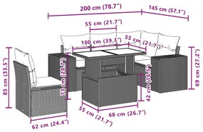 6 pcs conjunto sofás de jardim com almofadões vime cinzento