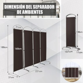 Biombo dobrável 221 x 51 x 188 cm de 4 painéis divisória de espaços com tela de tecido para varanda, escritório, sala de estar Castanho