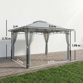 Carpa para Jardim com Telhado Duplo Gazebo com Paredes de Rede UPF50+ para Exterior Terraço 360x300x275 cm Cinzento