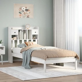 vidaXL Cama com estante sem colchão 100x200 cm pinho maciço branco