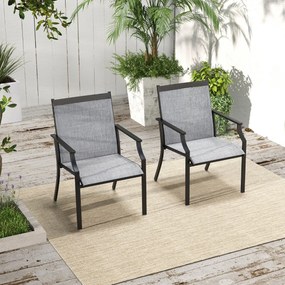 Conjunto de 2 cadeiras de jardim com assento respirável Estrutura metálica Costas altas e apoios de braços ergonómicos Cinzento