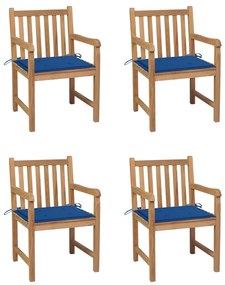 vidaXL Cadeiras de jardim c/ almofadões azul real 4 pcs teca maciça