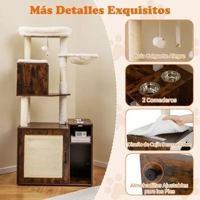 Móvel para areia (CAIXA AREIA NÃO INCLUIDA) de gatos 2 em 1 com arranhador 72 x 45,5 x 155 cm, com 2 comedouros café