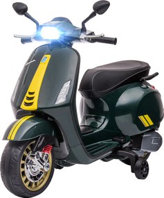 Scooter elétrica infantil Vespa 6 V, 107 x 47 x 73 cm, música MP3, porta USB, farol, 2 rodas de apoio - Verde