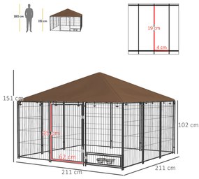 Canil para Cães com Toldo Canil para Exterior com Suporte Giratório para Comida 2 Tigelas 211x211x151 cm Preto e Castanho