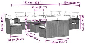 11 pcs conjunto sofás de jardim c/ almofadões vime PE preto