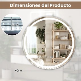 Espelho de casa de banho redondo com luz LED Brilho continuamente ajustável 3 temperaturas de cor Função anti-embaciamento e de memória 60 x 60 cm