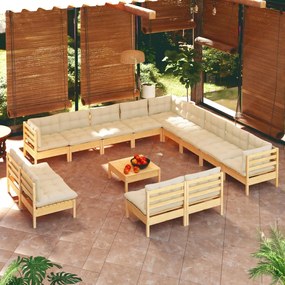 vidaXL 14 pcs conjunto lounge jardim c/ almofadões creme pinho maciço
