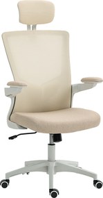 Cadeira de escritório ergonómica, cadeira de escritório, braços rebatíveis, apoio lombar, apoio para a cabeça, 60x63x120 cm, bege