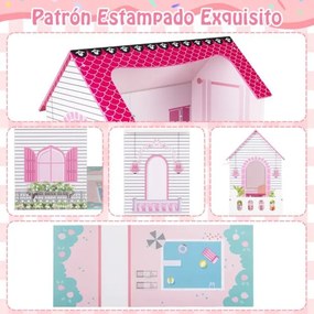 Casa de bonecas de madeira 74,5 x 34 x 120,5 cm com 18 peças de mobiliário e escada rosa