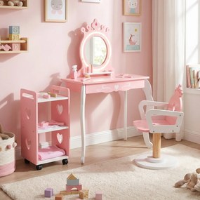 Conjunto de Toucador Infantil com Cadeira e Carrinho Auxiliar, 63 x 35 x 98 cm, Espelho com Iluminação LED de Três Tons, Rosa