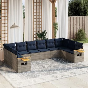 10 pcs conjunto sofás p/ jardim c/ almofadões vime PE cinzento