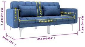 Sofá Cama - Cor Azul - Em Tecido, Estrutura em Madeira, Pernas Cromada
