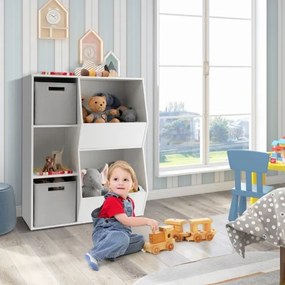 Estante infantil de 5 cubículos com 2 recipientes de tecido Estante de arrumação com compartimentos abertos para quarto de bebé Branco